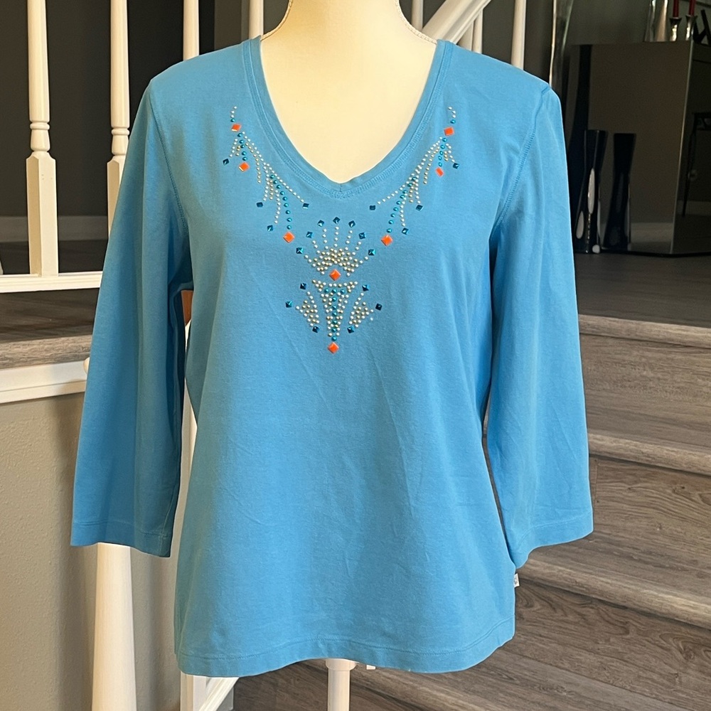 Zenergy Blue Embellished 3/4 Sleeve V-Neck Tee